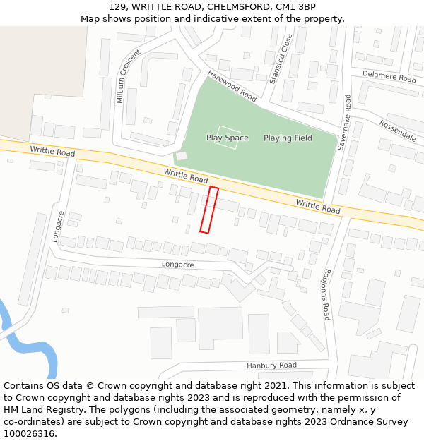 129, WRITTLE ROAD, CHELMSFORD, CM1 3BP: Location map and indicative extent of plot