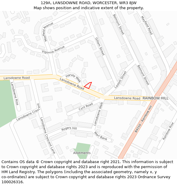 129A, LANSDOWNE ROAD, WORCESTER, WR3 8JW: Location map and indicative extent of plot