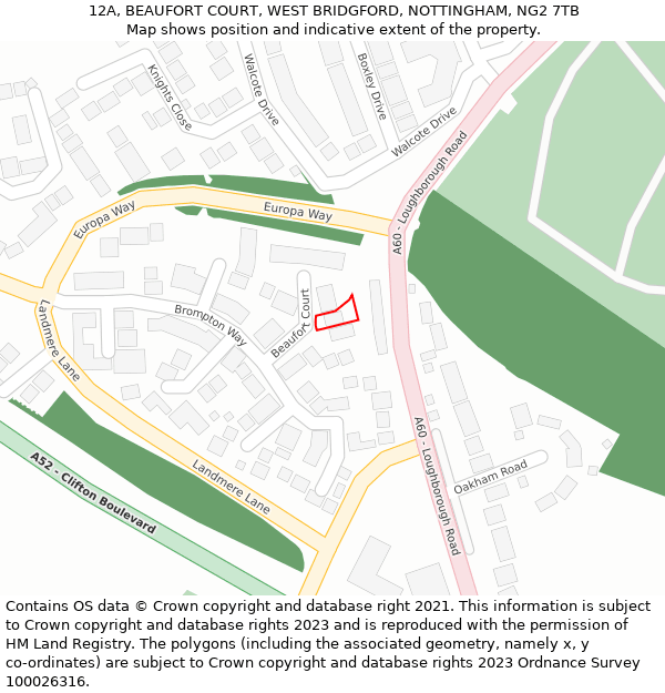 12A, BEAUFORT COURT, WEST BRIDGFORD, NOTTINGHAM, NG2 7TB: Location map and indicative extent of plot