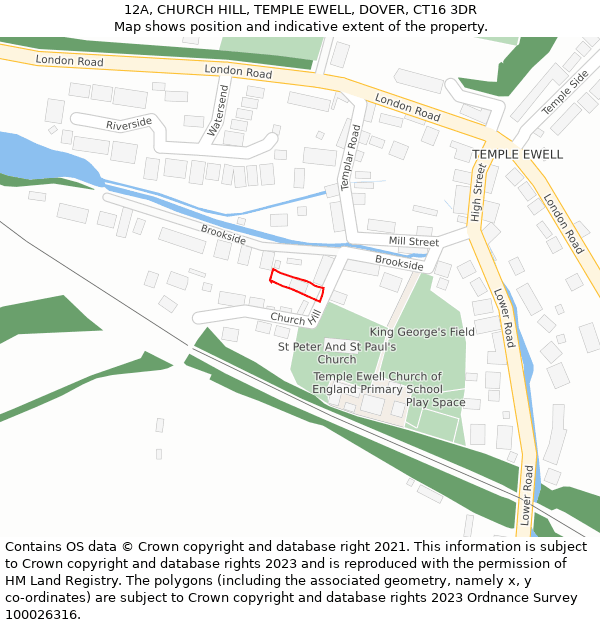 12A, CHURCH HILL, TEMPLE EWELL, DOVER, CT16 3DR: Location map and indicative extent of plot