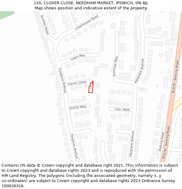 12A, CLOVER CLOSE, NEEDHAM MARKET, IPSWICH, IP6 8JL: Location map and indicative extent of plot