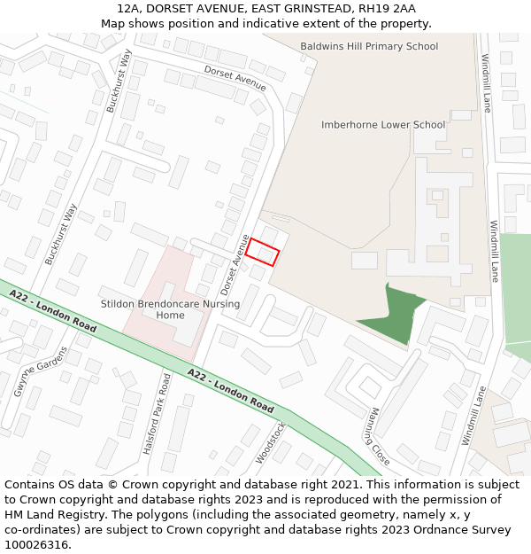12A, DORSET AVENUE, EAST GRINSTEAD, RH19 2AA: Location map and indicative extent of plot
