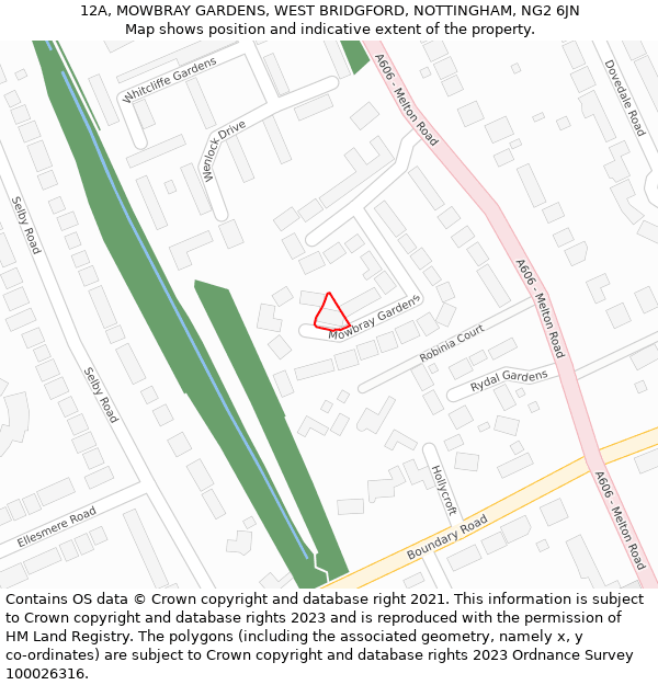 12A, MOWBRAY GARDENS, WEST BRIDGFORD, NOTTINGHAM, NG2 6JN: Location map and indicative extent of plot