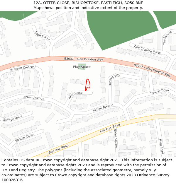 12A, OTTER CLOSE, BISHOPSTOKE, EASTLEIGH, SO50 8NF: Location map and indicative extent of plot