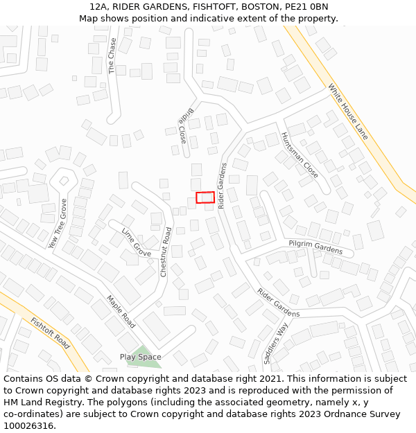 12A, RIDER GARDENS, FISHTOFT, BOSTON, PE21 0BN: Location map and indicative extent of plot