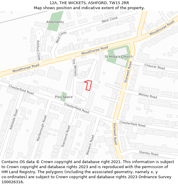 12A, THE WICKETS, ASHFORD, TW15 2RR: Location map and indicative extent of plot