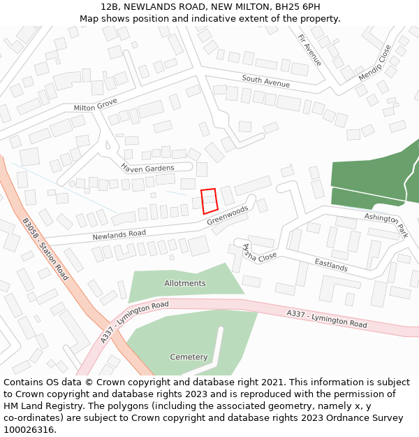 12B, NEWLANDS ROAD, NEW MILTON, BH25 6PH: Location map and indicative extent of plot