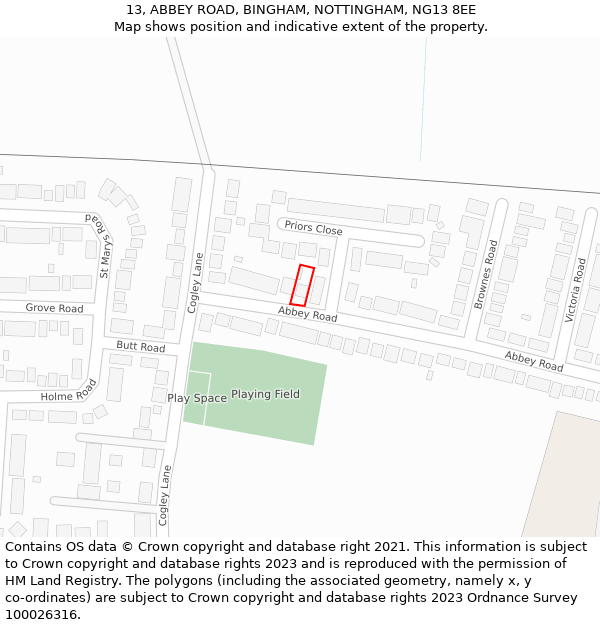 13, ABBEY ROAD, BINGHAM, NOTTINGHAM, NG13 8EE: Location map and indicative extent of plot