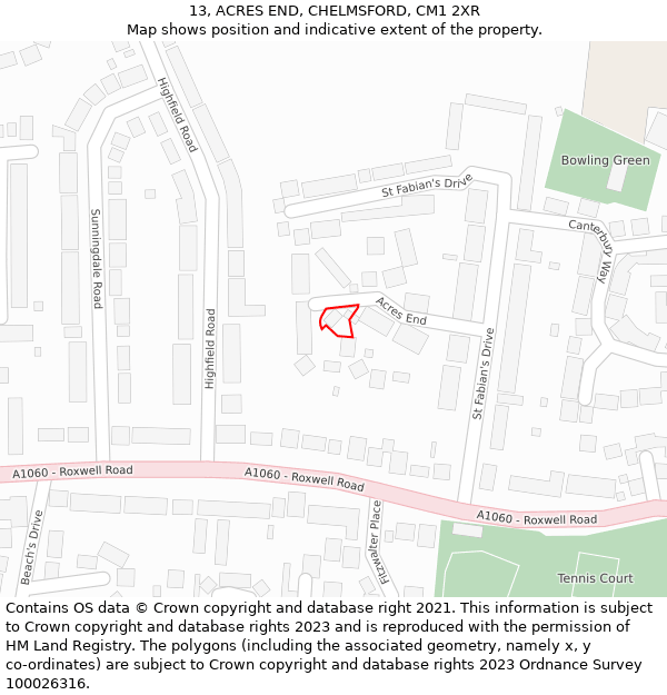 13, ACRES END, CHELMSFORD, CM1 2XR: Location map and indicative extent of plot