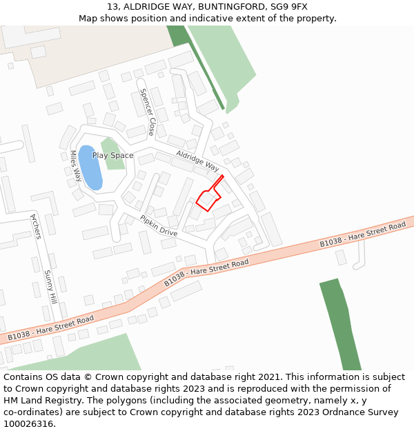 13, ALDRIDGE WAY, BUNTINGFORD, SG9 9FX: Location map and indicative extent of plot