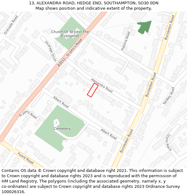 13, ALEXANDRA ROAD, HEDGE END, SOUTHAMPTON, SO30 0DN: Location map and indicative extent of plot