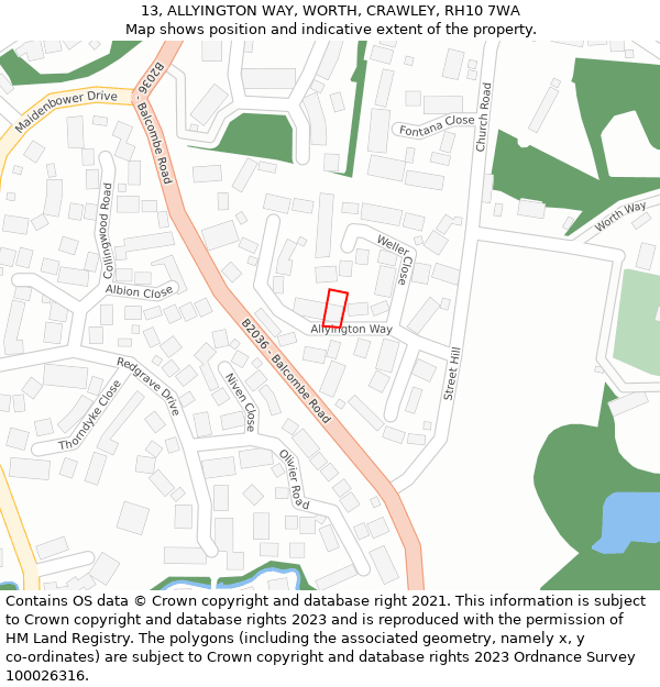 13, ALLYINGTON WAY, WORTH, CRAWLEY, RH10 7WA: Location map and indicative extent of plot