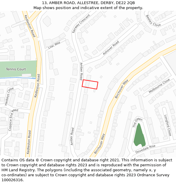 13, AMBER ROAD, ALLESTREE, DERBY, DE22 2QB: Location map and indicative extent of plot