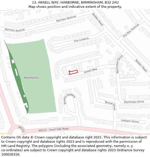 13, ANSELL WAY, HARBORNE, BIRMINGHAM, B32 2AU: Location map and indicative extent of plot