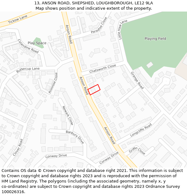 13, ANSON ROAD, SHEPSHED, LOUGHBOROUGH, LE12 9LA: Location map and indicative extent of plot