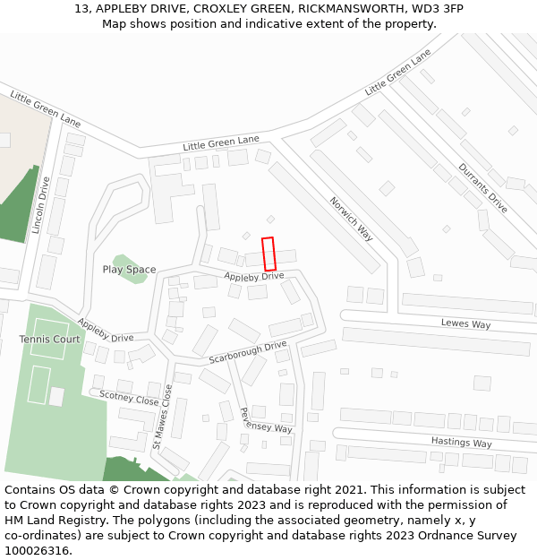 13, APPLEBY DRIVE, CROXLEY GREEN, RICKMANSWORTH, WD3 3FP: Location map and indicative extent of plot