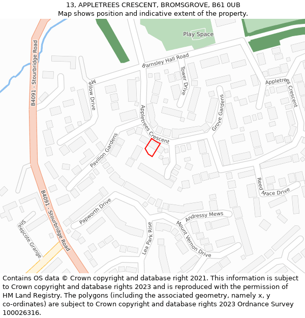 13, APPLETREES CRESCENT, BROMSGROVE, B61 0UB: Location map and indicative extent of plot