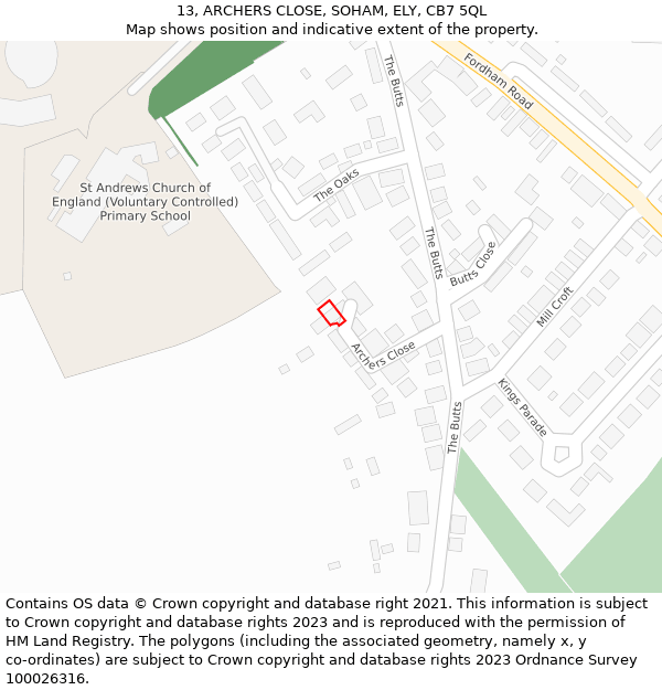 13, ARCHERS CLOSE, SOHAM, ELY, CB7 5QL: Location map and indicative extent of plot