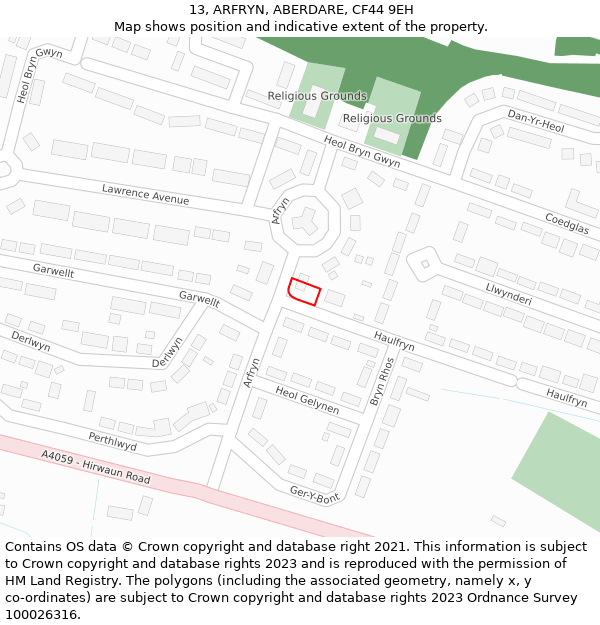 13, ARFRYN, ABERDARE, CF44 9EH: Location map and indicative extent of plot