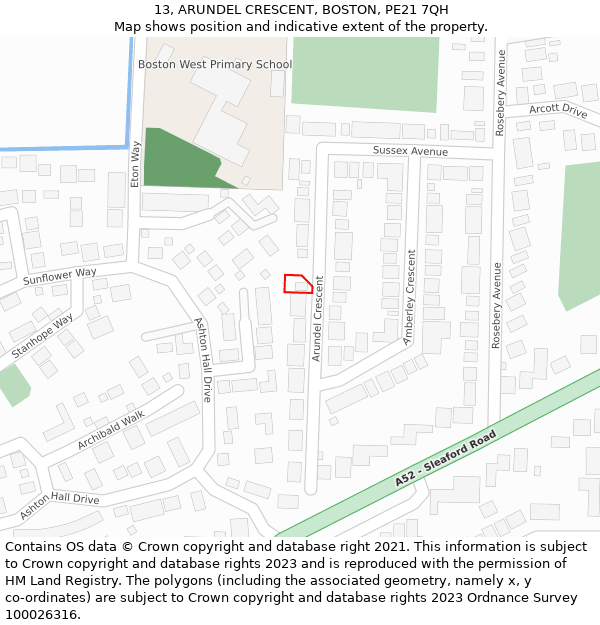 13, ARUNDEL CRESCENT, BOSTON, PE21 7QH: Location map and indicative extent of plot