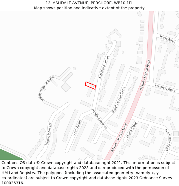 13, ASHDALE AVENUE, PERSHORE, WR10 1PL: Location map and indicative extent of plot