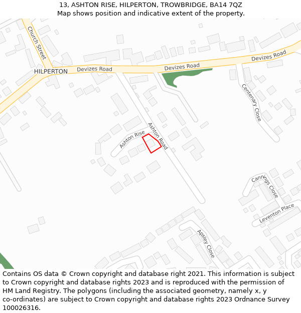 13, ASHTON RISE, HILPERTON, TROWBRIDGE, BA14 7QZ: Location map and indicative extent of plot