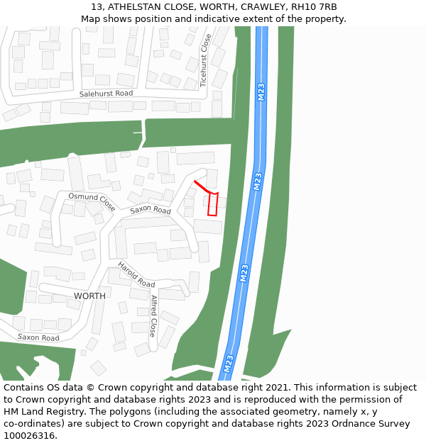 13, ATHELSTAN CLOSE, WORTH, CRAWLEY, RH10 7RB: Location map and indicative extent of plot