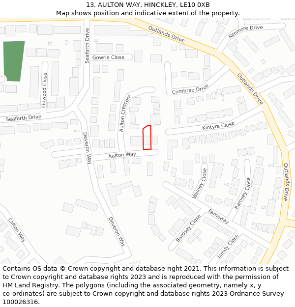 13, AULTON WAY, HINCKLEY, LE10 0XB: Location map and indicative extent of plot