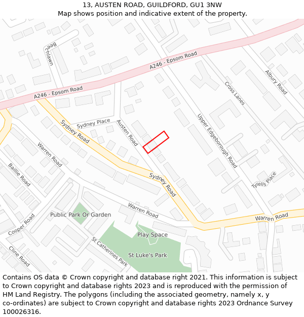 13, AUSTEN ROAD, GUILDFORD, GU1 3NW: Location map and indicative extent of plot