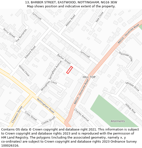13, BARBER STREET, EASTWOOD, NOTTINGHAM, NG16 3EW: Location map and indicative extent of plot