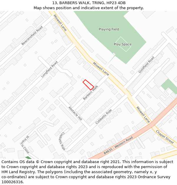 13, BARBERS WALK, TRING, HP23 4DB: Location map and indicative extent of plot