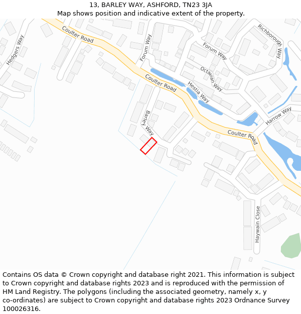 13, BARLEY WAY, ASHFORD, TN23 3JA: Location map and indicative extent of plot