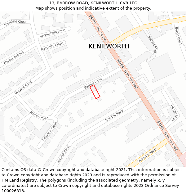13, BARROW ROAD, KENILWORTH, CV8 1EG: Location map and indicative extent of plot