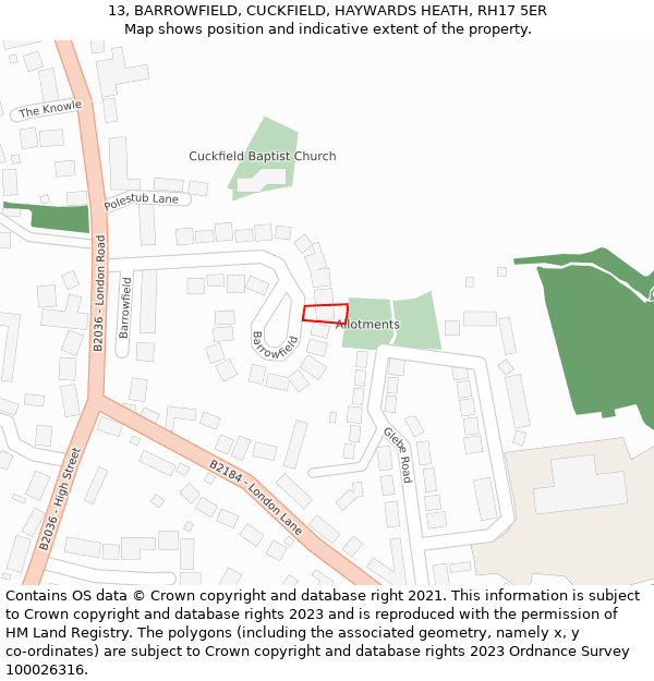 13, BARROWFIELD, CUCKFIELD, HAYWARDS HEATH, RH17 5ER: Location map and indicative extent of plot