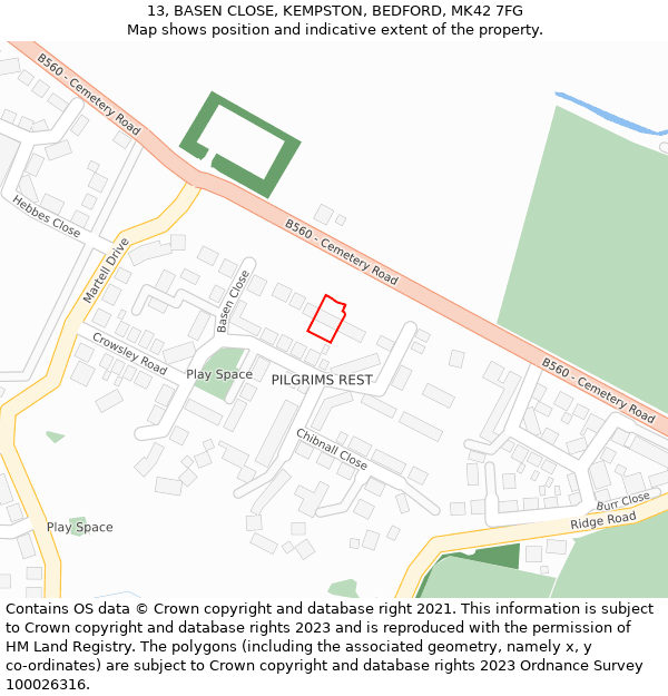 13, BASEN CLOSE, KEMPSTON, BEDFORD, MK42 7FG: Location map and indicative extent of plot
