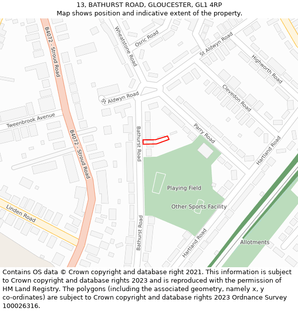 13, BATHURST ROAD, GLOUCESTER, GL1 4RP: Location map and indicative extent of plot