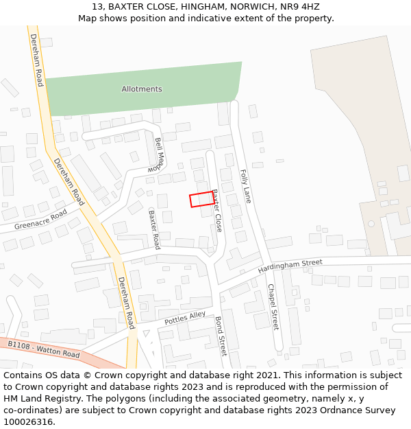 13, BAXTER CLOSE, HINGHAM, NORWICH, NR9 4HZ: Location map and indicative extent of plot