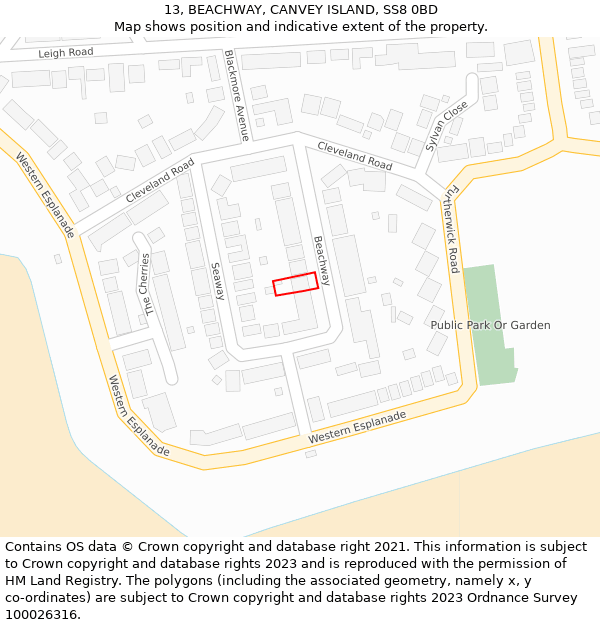 13, BEACHWAY, CANVEY ISLAND, SS8 0BD: Location map and indicative extent of plot