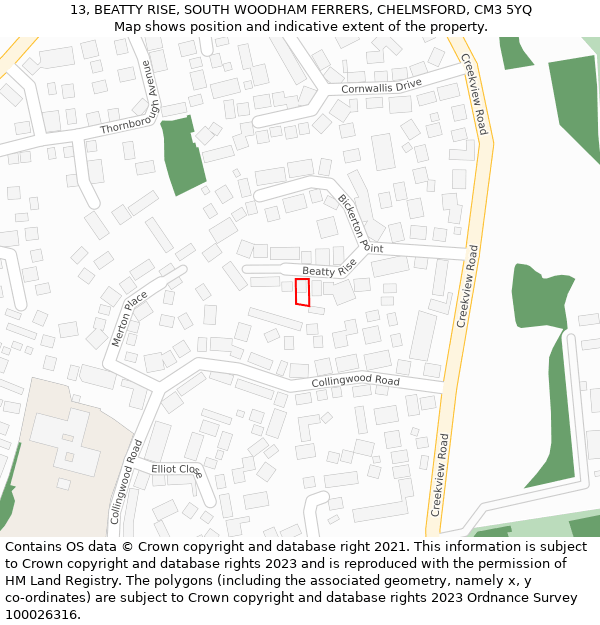 13, BEATTY RISE, SOUTH WOODHAM FERRERS, CHELMSFORD, CM3 5YQ: Location map and indicative extent of plot