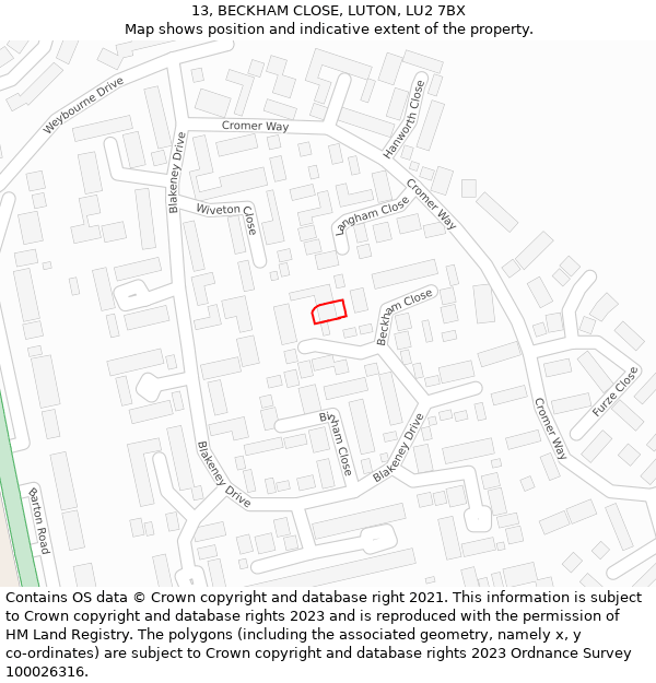 13, BECKHAM CLOSE, LUTON, LU2 7BX: Location map and indicative extent of plot