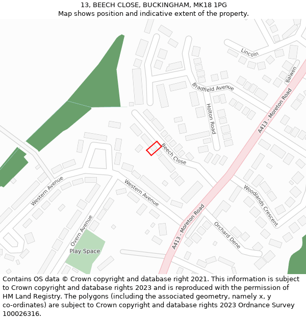 13, BEECH CLOSE, BUCKINGHAM, MK18 1PG: Location map and indicative extent of plot