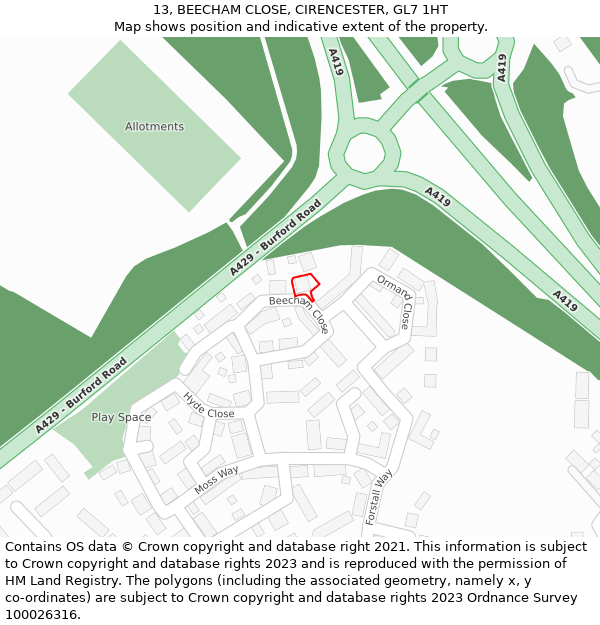 13, BEECHAM CLOSE, CIRENCESTER, GL7 1HT: Location map and indicative extent of plot