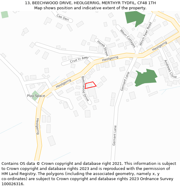 13, BEECHWOOD DRIVE, HEOLGERRIG, MERTHYR TYDFIL, CF48 1TH: Location map and indicative extent of plot