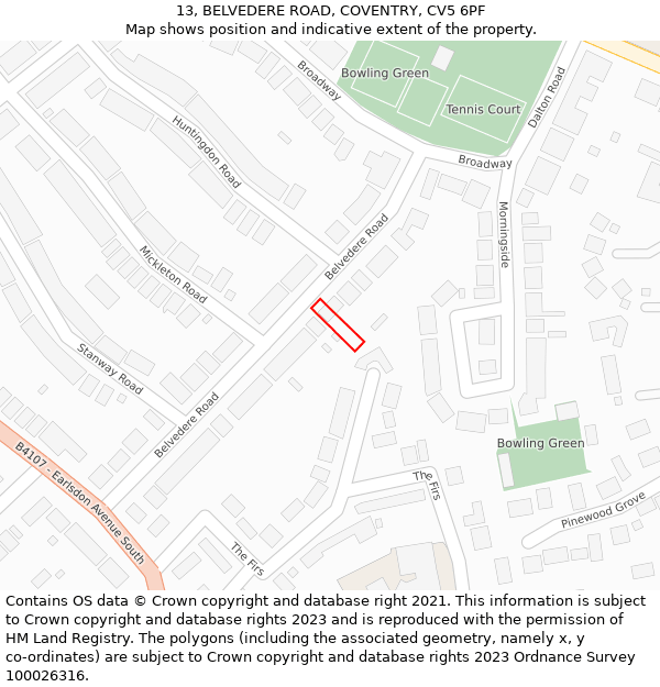 13, BELVEDERE ROAD, COVENTRY, CV5 6PF: Location map and indicative extent of plot