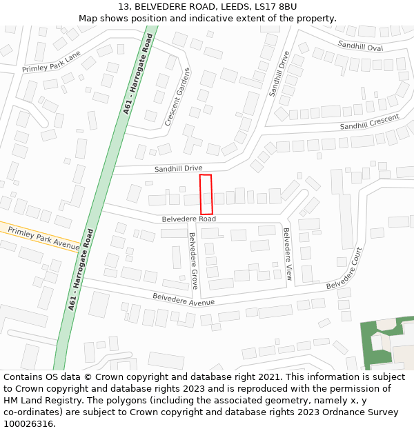 13, BELVEDERE ROAD, LEEDS, LS17 8BU: Location map and indicative extent of plot