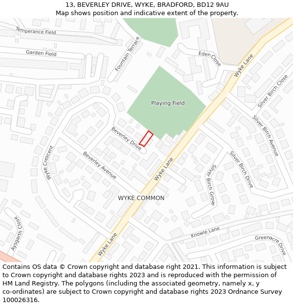 13, BEVERLEY DRIVE, WYKE, BRADFORD, BD12 9AU: Location map and indicative extent of plot