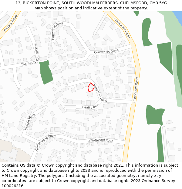13, BICKERTON POINT, SOUTH WOODHAM FERRERS, CHELMSFORD, CM3 5YG: Location map and indicative extent of plot