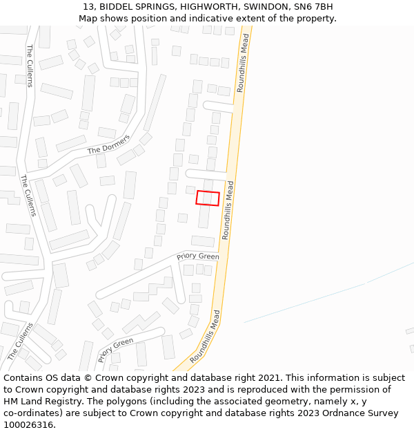 13, BIDDEL SPRINGS, HIGHWORTH, SWINDON, SN6 7BH: Location map and indicative extent of plot