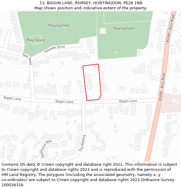 13, BIGGIN LANE, RAMSEY, HUNTINGDON, PE26 1NB: Location map and indicative extent of plot
