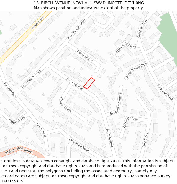 13, BIRCH AVENUE, NEWHALL, SWADLINCOTE, DE11 0NG: Location map and indicative extent of plot